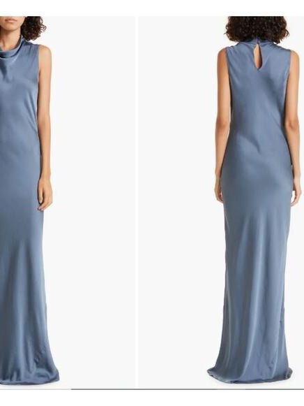 Veronica Beard Kura Gown Slate Blue Sleeveless Maxi Dress With Cowl Neck